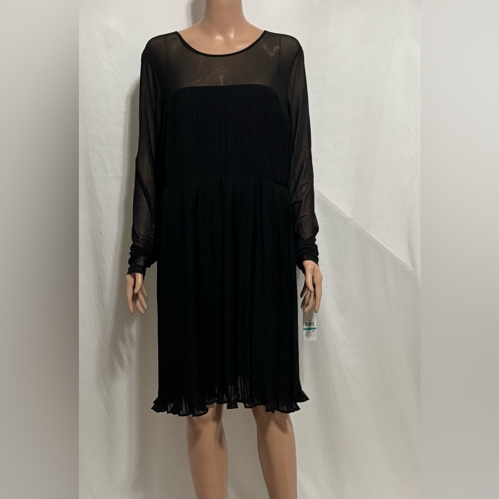 DKNY Women's Chiffon Pleated Tie-Waist Illusion-Mesh Dress Size 16 - Picture 2 of 9